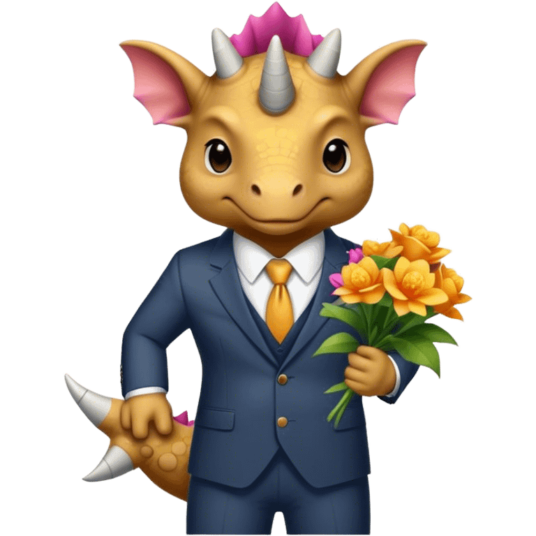 triceratops in suit holding flowers emoji