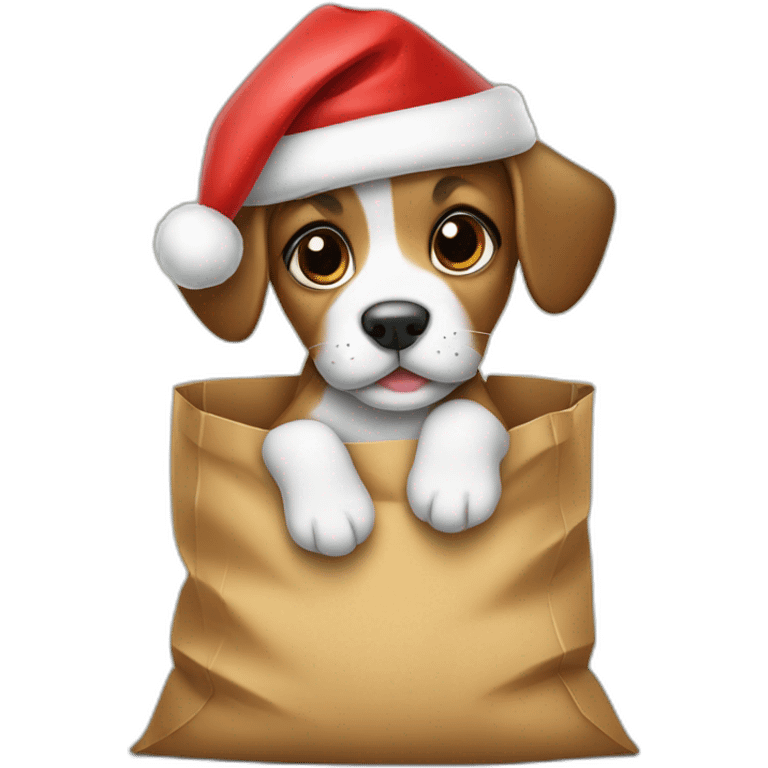 a puppy in a bag with a Santa hat on his head emoji