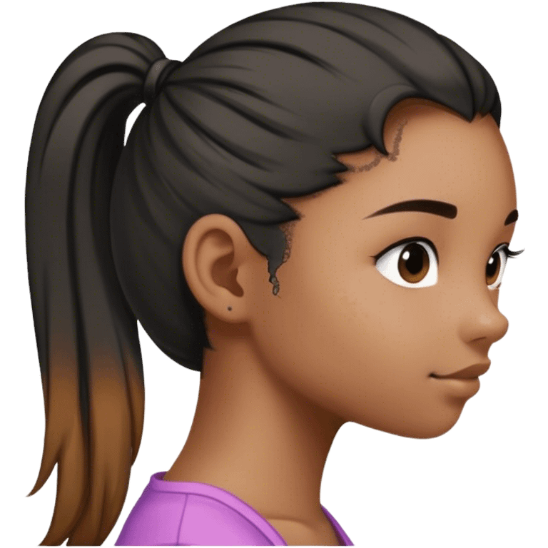 A drawing of a girl with her hair in a ponytail and she has hyerpigmentaton on her cheek sde profileher hair in ponytail is blak to whit emoji