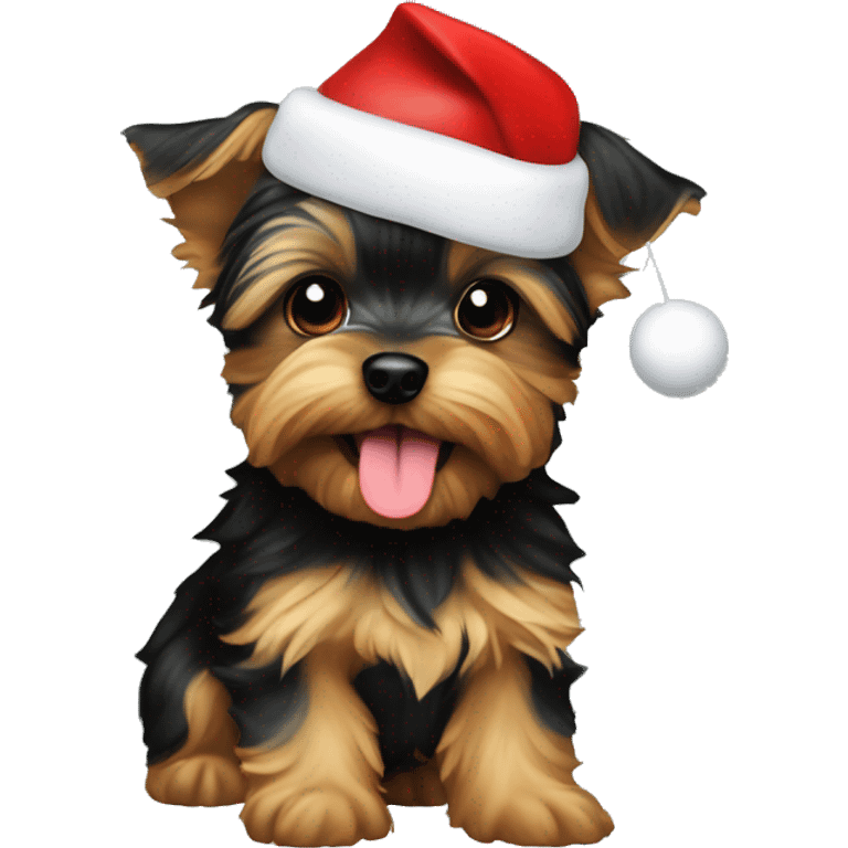 small yorkie puppy wearing a santa hat and sticking tongue out emoji