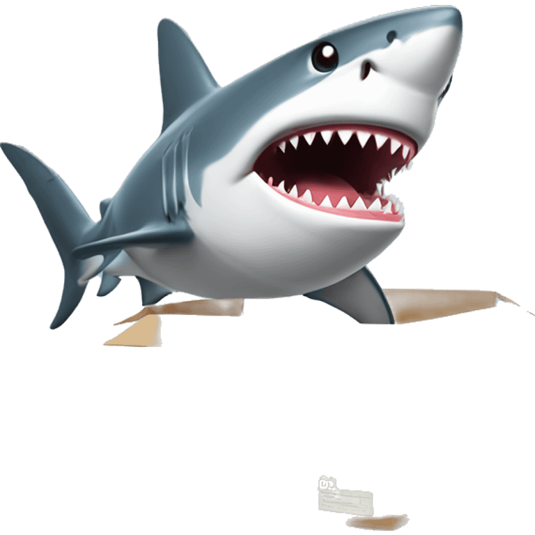 shark with polo shirt selling boxes. make it as big as possible within the constraints of adding it as a teams emoji. emoji