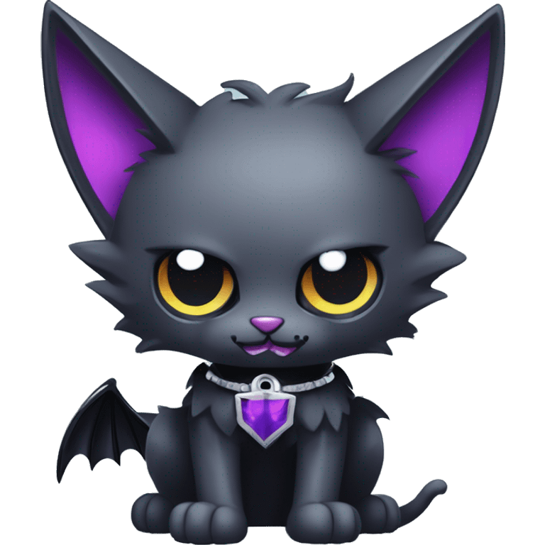   cool edgy kawaii ethereal dark-punk-themed animal vampiric cat-hybrid Fakemon with fangs and bat-wing-ears with a collar full body emoji