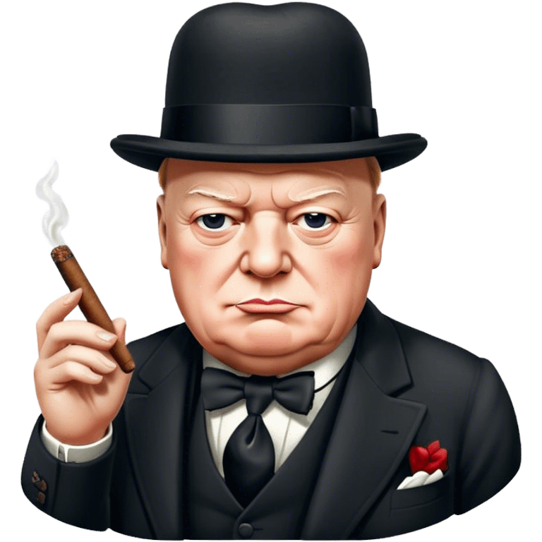 Cinematic Realistic Winston Churchill Portrait Emoji, depicted as a resolute British statesman with a signature bowler hat and a cigar, exuding determined leadership and wartime valor, rendered with lifelike textures and dramatic vintage lighting that captures his iconic British spirit. emoji