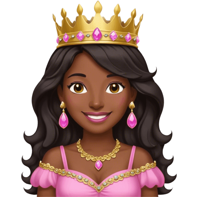 Crown dark black women smiling with really longer lightly WAVY hair pink dress pink crown facing forward black hair middle age adult woman gold gems in crown gold earrings  one woman smiling wink emoji