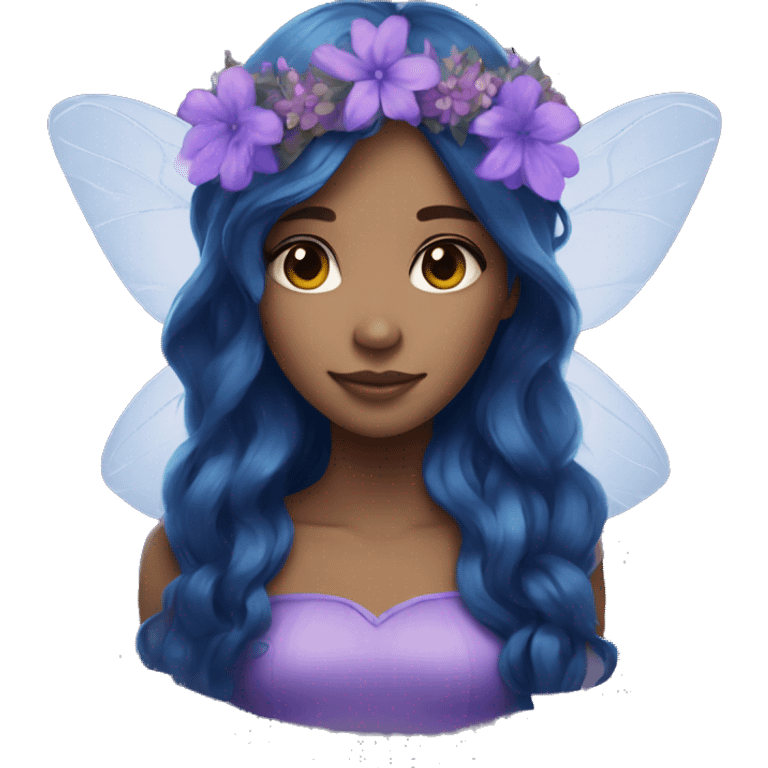 purple and blue brunette fairy with long hair and flower crown emoji