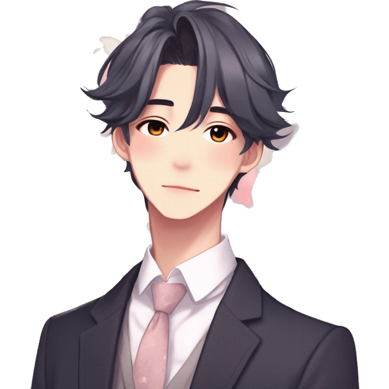 Gorgeous romantic hot attractive anime style Asian formal modern gentlemanly guy with pretty hair and flower petals and blushing face aesthetic trending style with colorful gradient colors  pastelcore cottagecore kawaiicore emoji