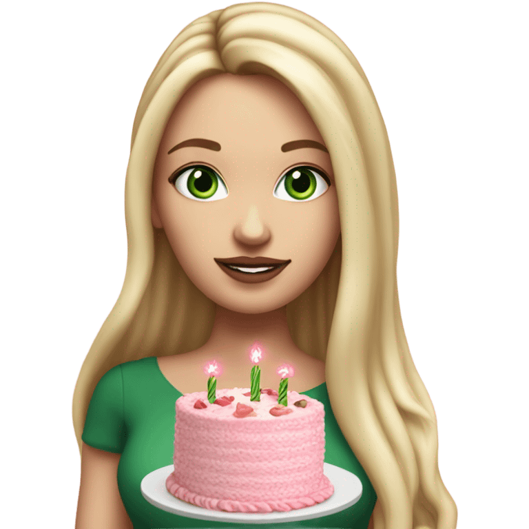 Realistic White girl with Long straight blonde hair, green eyes, tattoos, full body wearing dress and High heels, holding pink birthday cake emoji