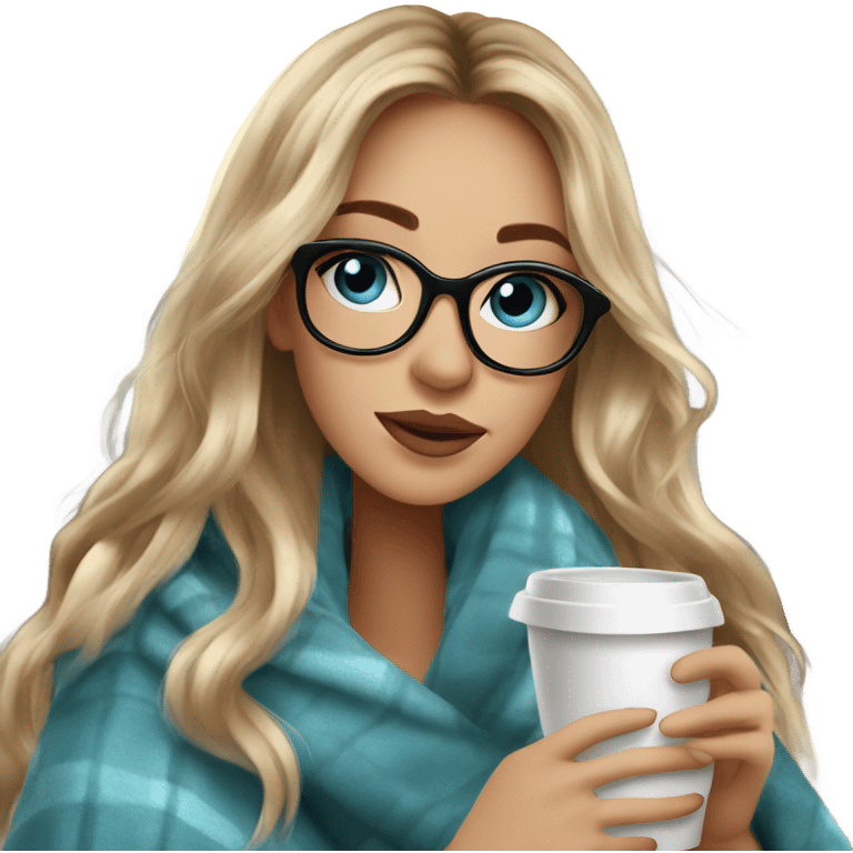 Balayage hair Girl drinking coffee, with a cozy blanket wearing glasses with blue eyes beautiful  emoji