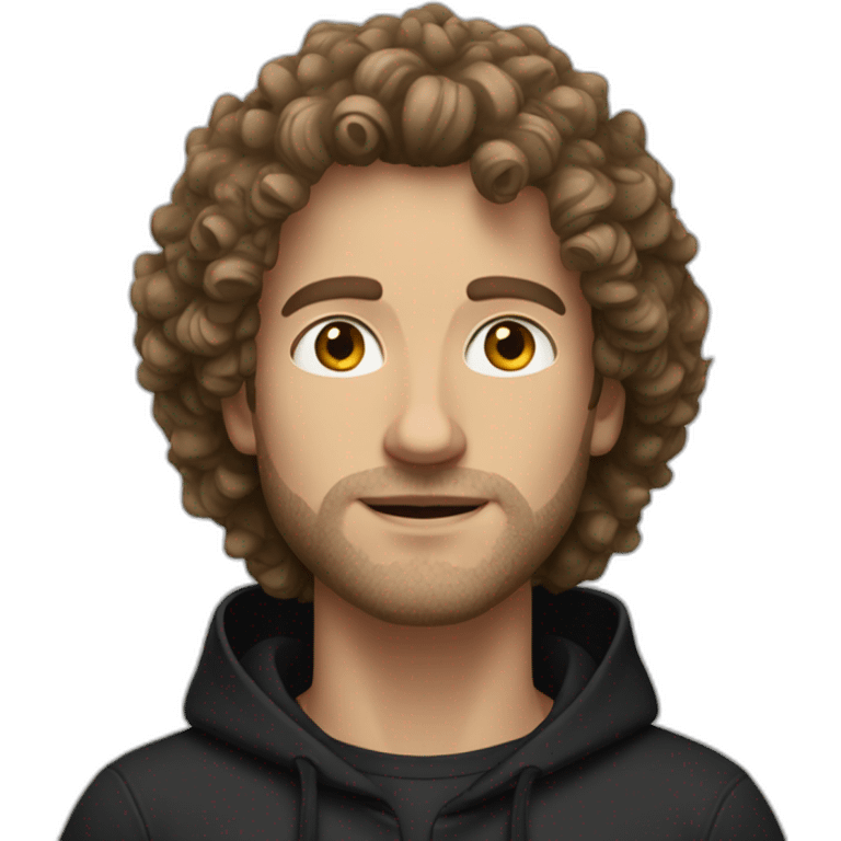 Caucasian man with a curly hair and stubble wearing black hoodie  emoji