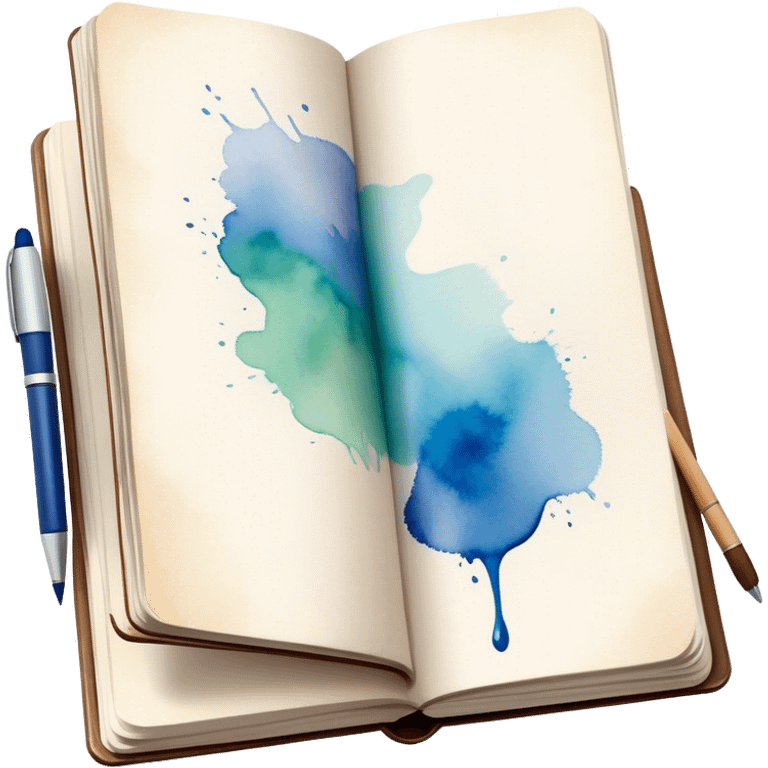 Cinematic Realistic image of an open sketchbook accompanied by a set of translucent watercolors, with delicate pigment stains and soft, flowing brushstrokes, captured under gentle, diffused lighting that highlights creative fluidity emoji