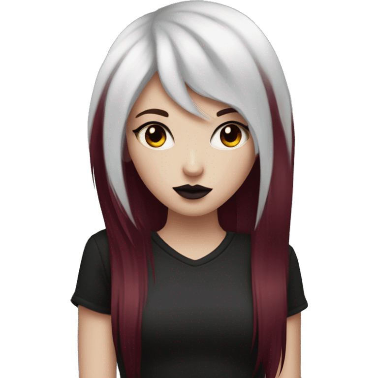 Pale girl with black eyeshadow and burgundy red  colored hair with an emo haircut that’s long and layered holding a black cat emoji