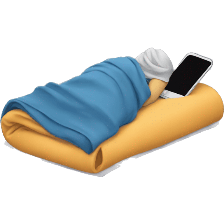 a student lying under a blanket with a phone emoji