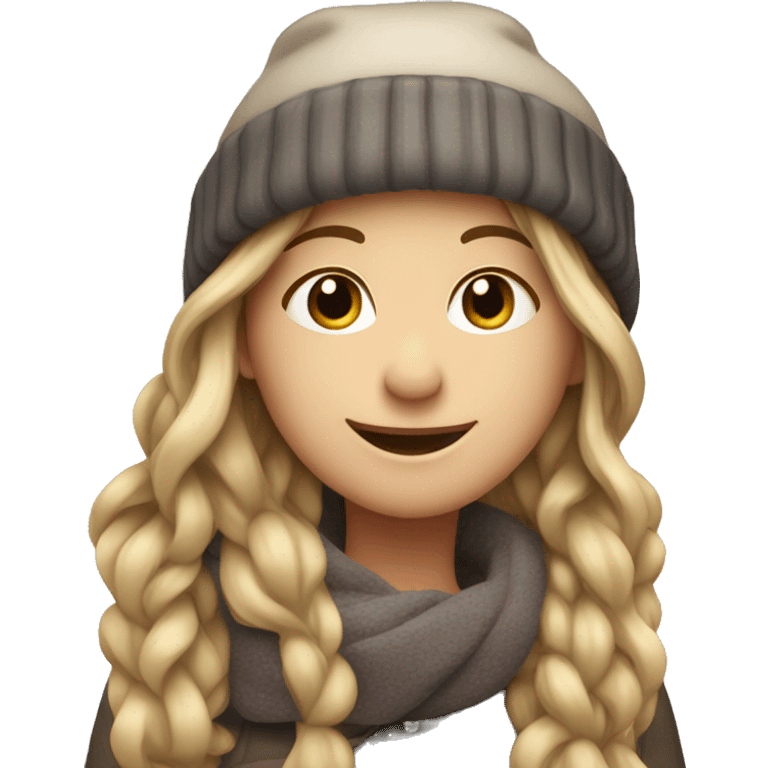 smiling girl with long dark blonde hair in a winter hat emoji