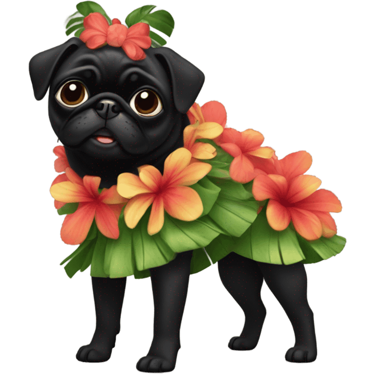 Black pug in a Hawaiian hula girl dress emoji