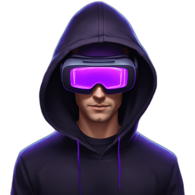 Russian man in the black hoody with violet OMG VR logo on it wearing vr headset. Cyberpunk style. Violet neon. emoji