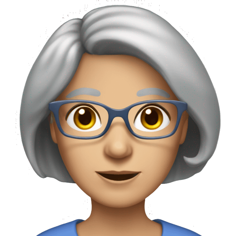 Grey long bob haired lady aged 55 76 kg brown eyes blue square glasses emoji