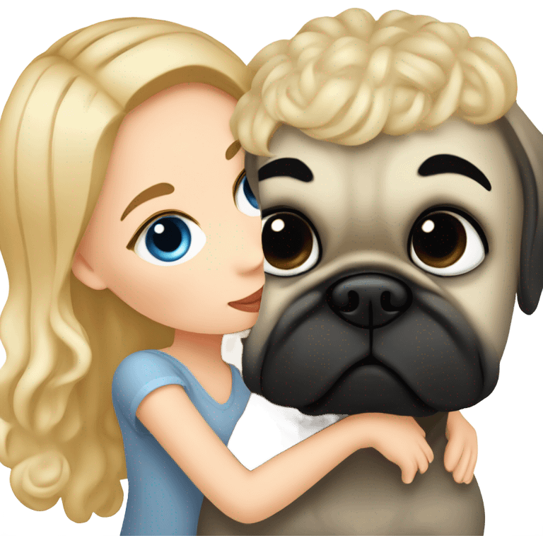 Girl with wavy blonde hair a d blue eyes, kissing a black pug emoji