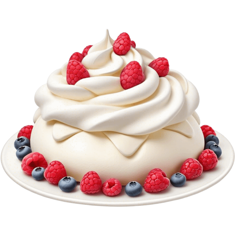 Cinematic Realistic Pavlova Dessert Emoji, showcasing a delicate meringue dessert topped with fresh fruit rendered with lifelike texture and soft natural lighting. emoji