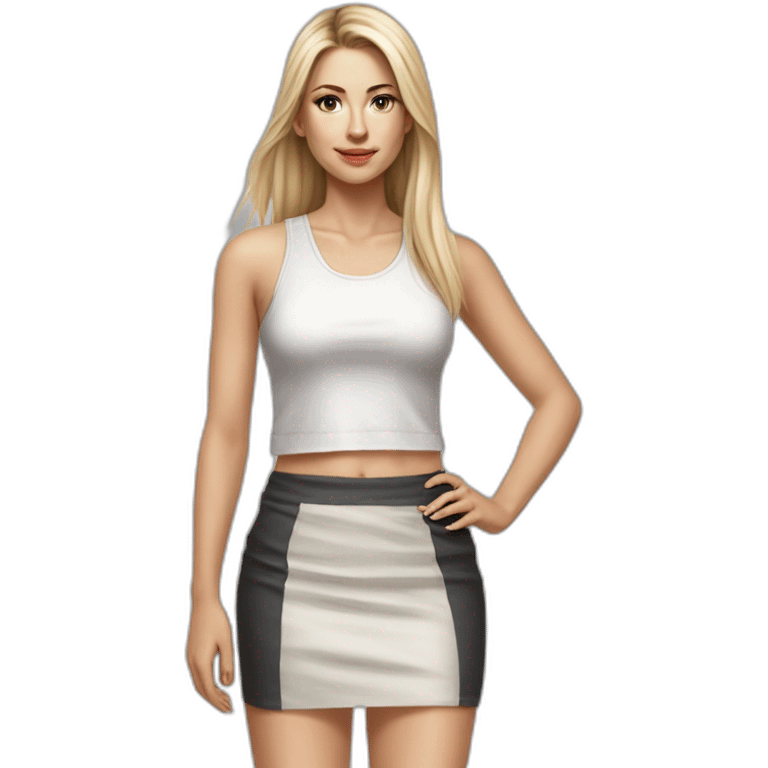 caucasian woman, with long straight hair, blonde hair, brown eyes, white tank top, gray tight mini skirt, black heel shoes, full body, hyperrealist drawing emoji