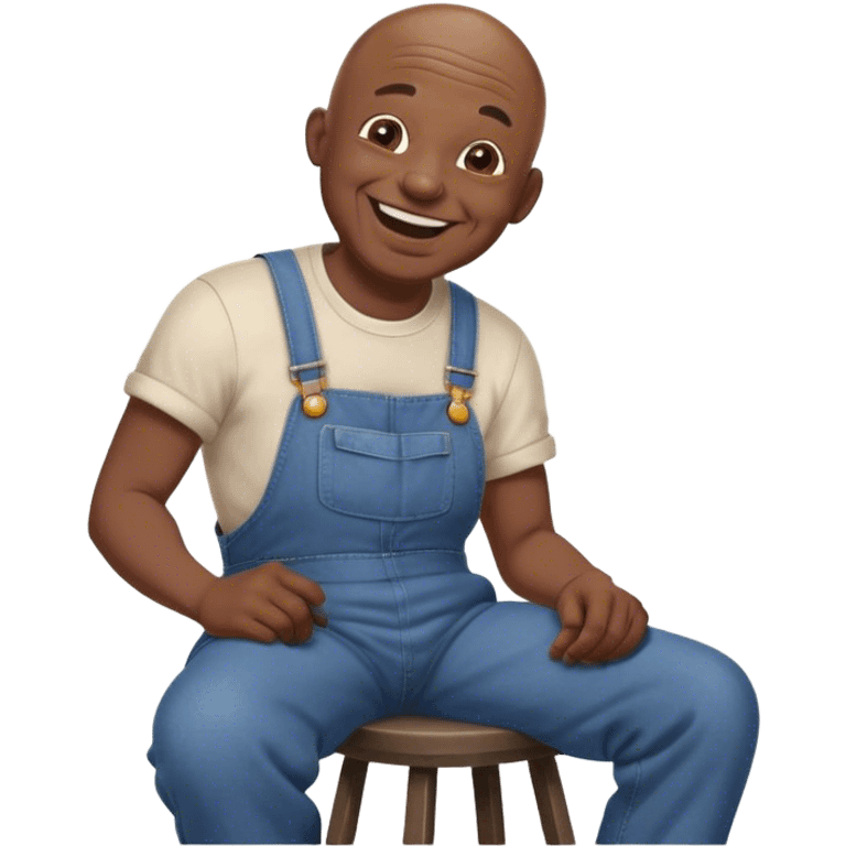 Side view Laughing Old bald black man sitting on stool wearing overalls emoji