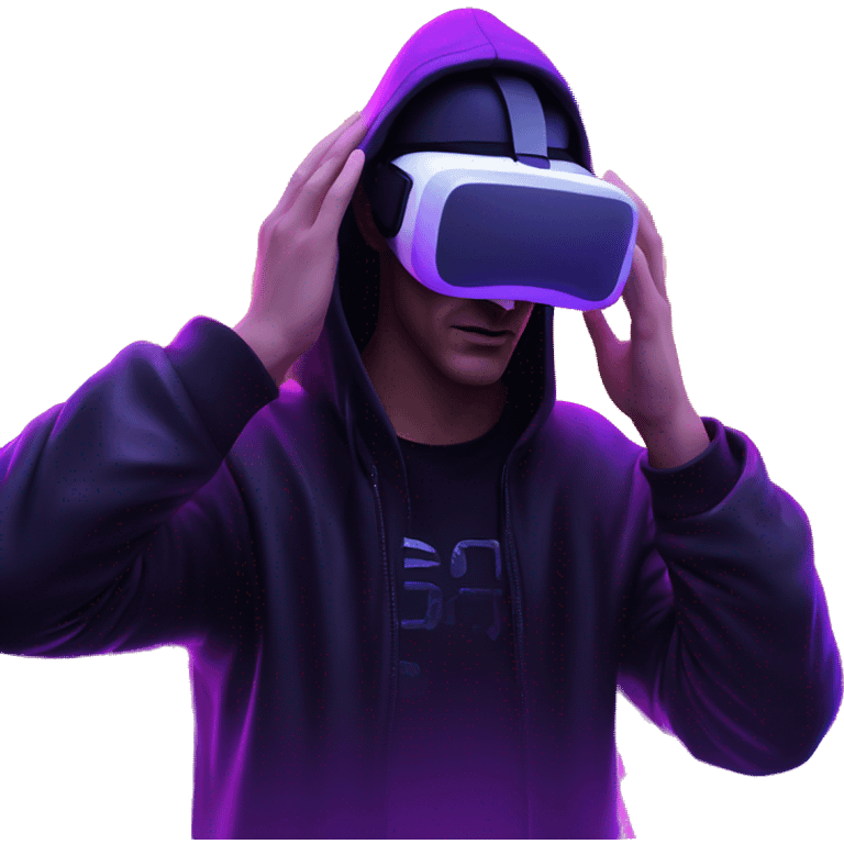 Russian man wearing a black hoodie with "OMG" letters on it and VR headset in a cyberpunk VR environment with violet neon lighting. emoji