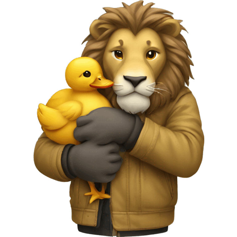 Lion in jacket hugging with duck emoji