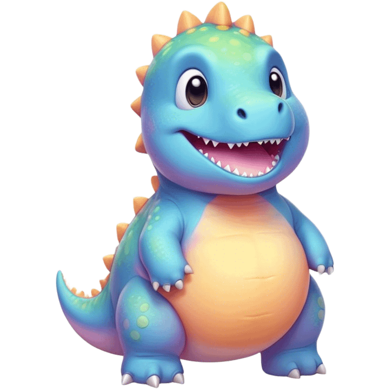 Cinematic tiny pastel dinosaur, chubby round body, tiny feet, big sparkling eyes, soft glowing colors, happy and friendly expression, radiating warmth. emoji