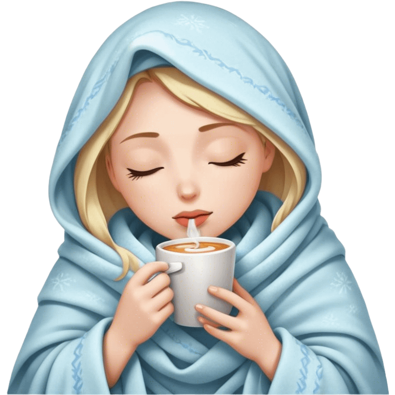 girl inside a blanket sipping coffee ice eyes closed emoji