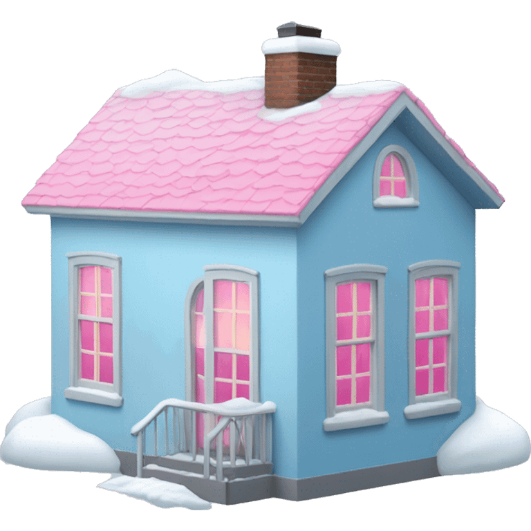 Light Blue house with pink windows and snow emoji