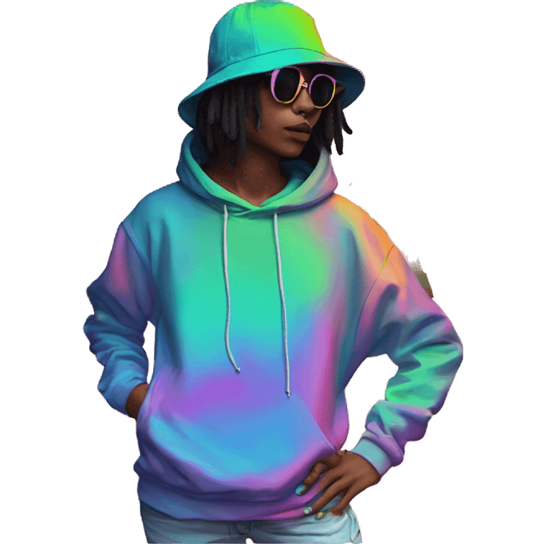 Multicoloured neon person smoking wearing hoodie dancing hip hop bucket hat tropical Skater fashion aesthetic baggy clothes graphic t shirt 420 emoji