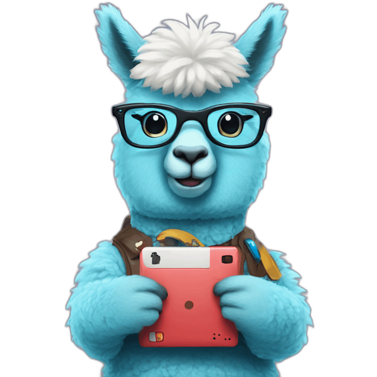 blue alpaca with and glasses holding a nintendo emoji