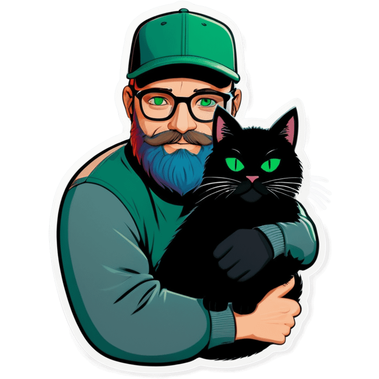 A bold man with a grey baseball cap, green eyes, big beard and glasses hugging a black cat emoji