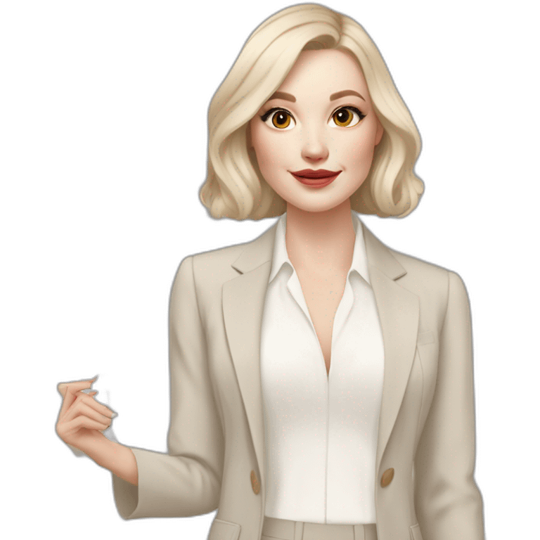 pale skin woman with ash blonde Straightened bob Hair, White Spacious classical jacket, beige palazzo Arrow pants and gray blouse holding a color palette in the hands emoji