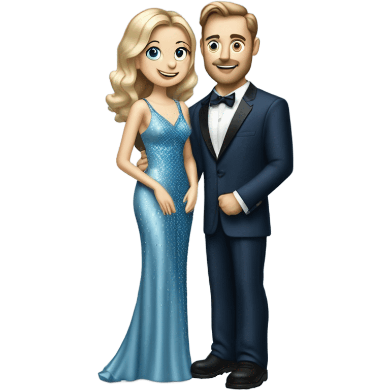 caucasian woman, in long slim pastel blue formal party satin dress with gradient shiny sparkling navy blue diamonds embroidered, full body full figure , and caucasian man in black dres on his knees asks her to marry her emoji