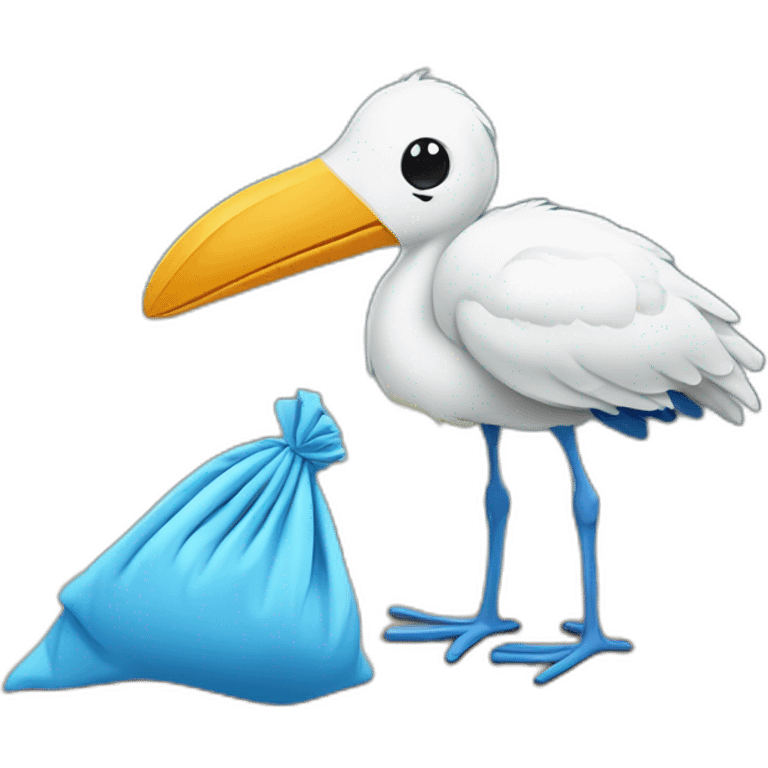  A stork is carrying a blue bundle of cloth in its beak that has a cute white baby face peeking out from it with black head emoji