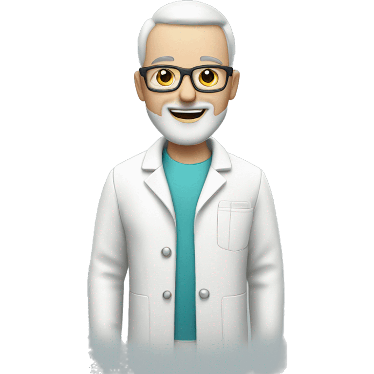 white man, bald with grey beard in dentist's white coat, has glasses emoji