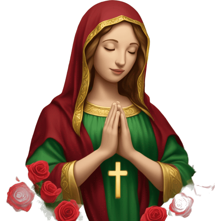 Virgin Mary: kind face looking down at the left, long brown hair, Wearing an emerald green  robe with gold stars and a burgundy red dress,  Hands in prayer or blessing. Halo around her head. standing in front of a big sun. colorful roses on the sides  emoji