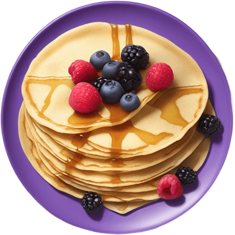 Crepes on a purple plate with maple syrup and berries emoji