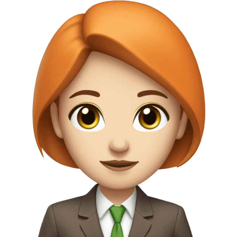 young woman with green eyes, pale white skin, and brown hair in an orange business suit emoji