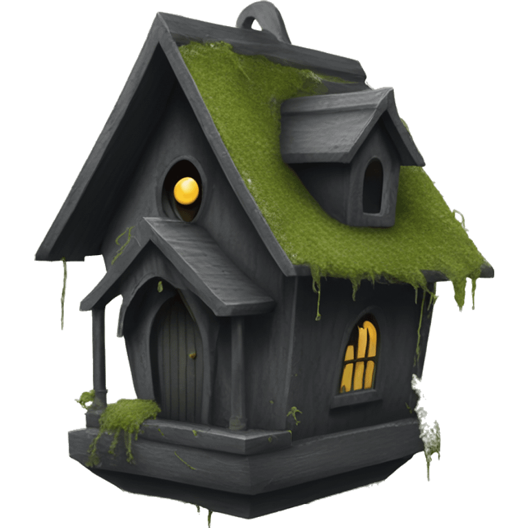 Realistic . Birdhouse. Haunted Addams house. birdhouse slightly mossy and spider webs  emoji