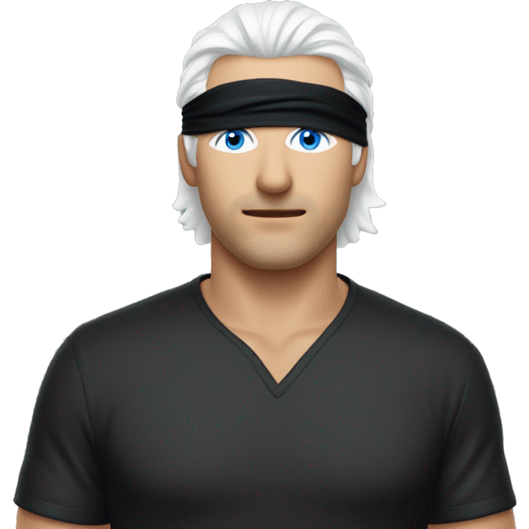 Man with white hair and blue eyes but he has a blindfold on but he’s revealing one of his eyes under the blindfold and he’s wearing a black shirt. emoji