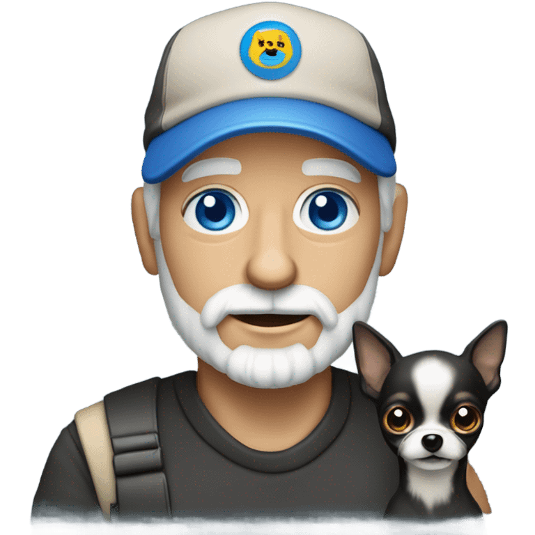 Old man with blue eyes goatee beard ball cap holding black Chihuahua long hair emoji