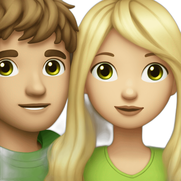 a blond boy with green eyes kisses a brunette girl with long straight hair and bright green eyes on the cheek emoji