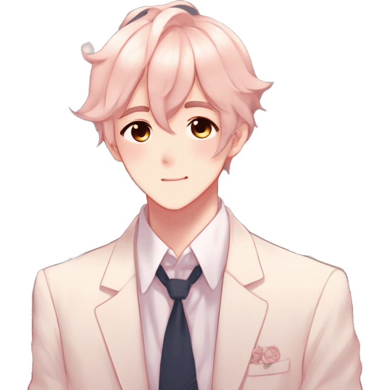 Gorgeous romantic hot attractive anime style modern gentlemanly anime shojo guy with pretty hair and flower petals and blushing face aesthetic trending style  pastelcore cottagecore kawaiicore emoji