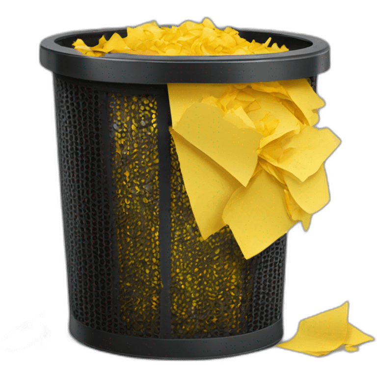 black mesh metal dustbin filled with yellow crumbled papers emoji