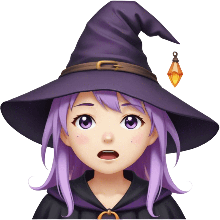 cute anime girl with lilac hair in a witch hat with her eyes closed cries and screams loudly emoji