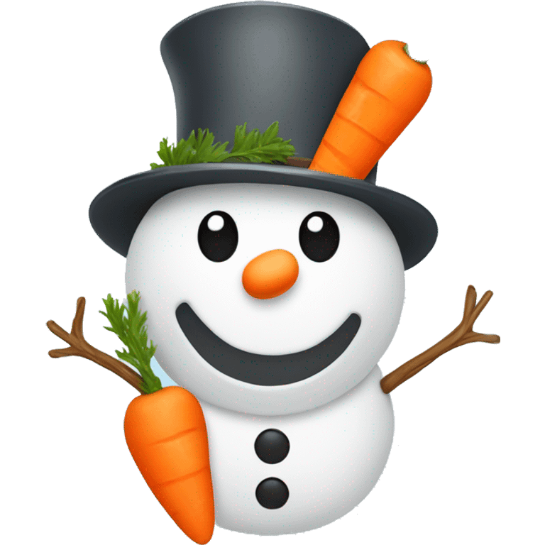 Snowman with a hat, branches as arms and a happy face with a carrot as a nose emoji