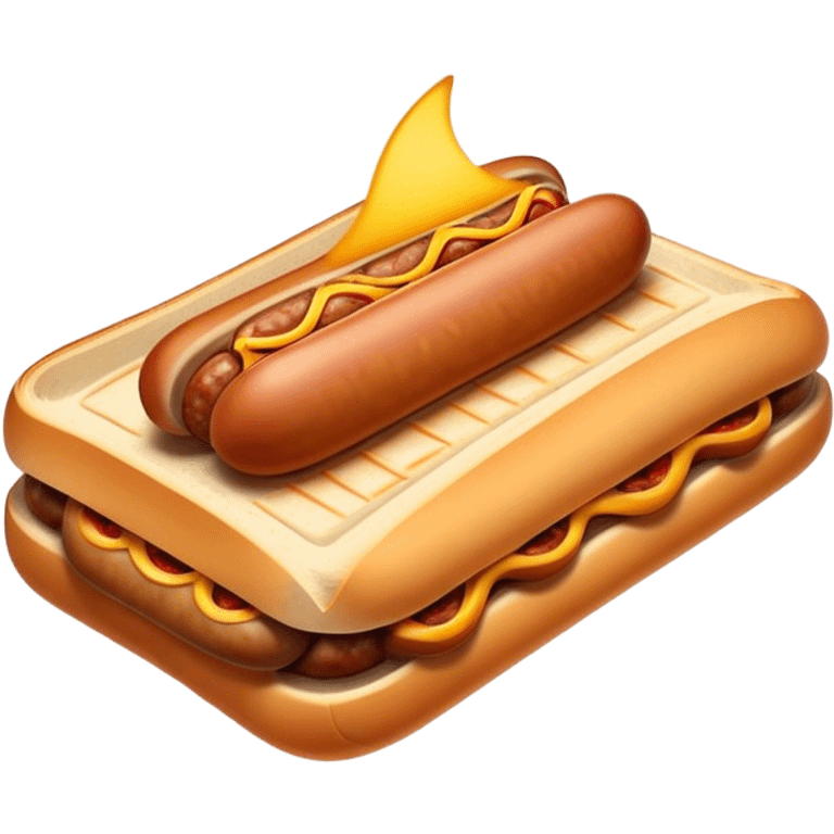 Sausage Sizzle Cinematic Realistic Sausage Sizzle Dish Emoji, depicted as a sizzling sausage tucked into a triangular slice of bread, rendered with rich textures and dynamic, warm lighting. emoji