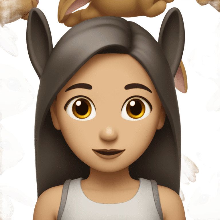 Brunette girl and brown light rabbit  With black spot and snout emoji