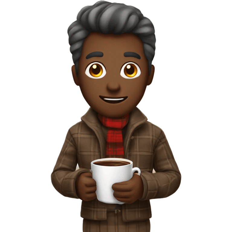 A man with a plaid on his neck holding a hot Cup of chocolaté emoji